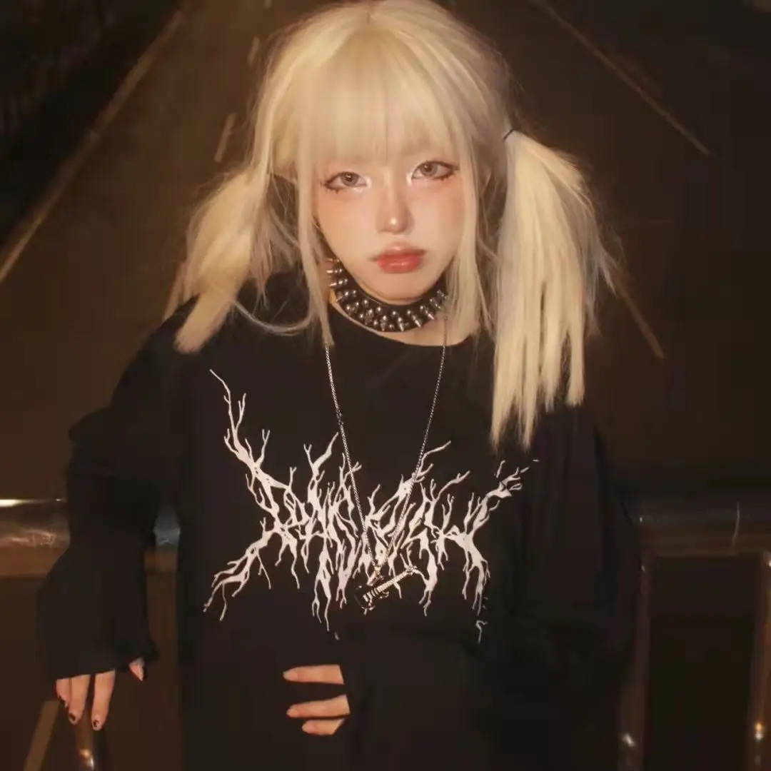 

Женская футболка в стиле Харадзюку, черная футболка с графическим принтом, топ в стиле гранж, с длинным рукавом, в стиле панк, корейская мода,...