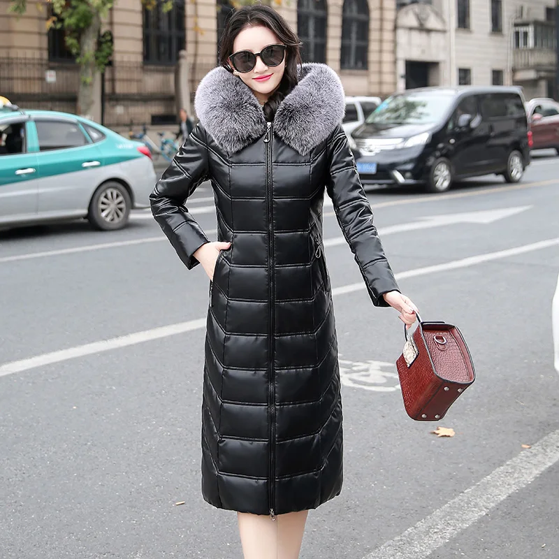 M-7XL Women Leather Down Coat Winter 2022 Fashion Hooded Real Fox Fur Collar Slim Sheepskin Leather White Duck Down Overcoat