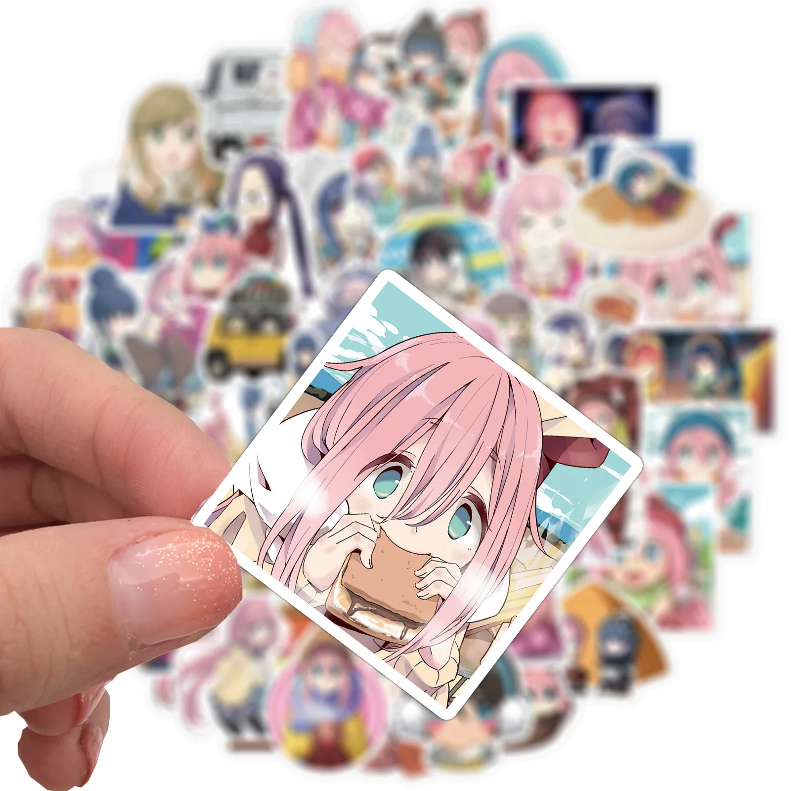 Pegatinas de Anime para monopat&iacute;n, 50 Uds., Kawaii Shima Rin & Nadeshiko, calcoman&iacute;as impermeables, pegatina para ordenador port&aacute;til-2