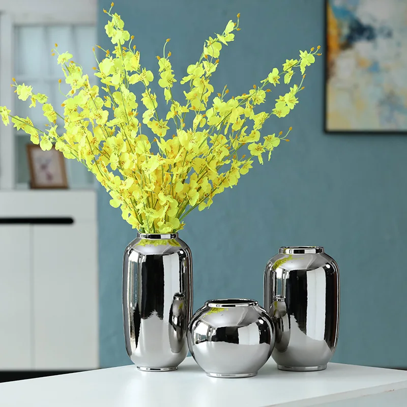 

Silver Cylindrical Ceramic Vase Decoration Soft Decoration Home Model Room Art Flower Arrangement Decoration