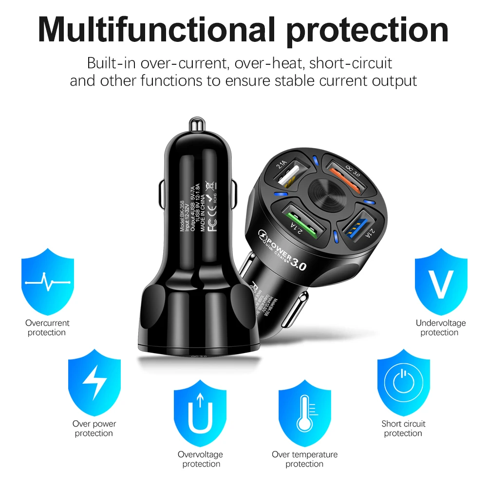 

4 Ports USB A Car Charger QC 3.0 Plug Fast Charging Phone Charge Adapter Auto General Cigarette Lighter Charger For iPhone 12