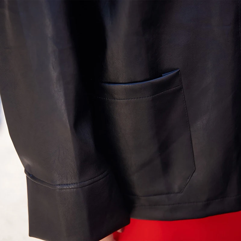 

[EAM] Loose Fit Black Pu Leather Big Size Jacket New Lapel Long Sleeve Women Coat Fashion Tide Autumn Winter 2021 1DD4300