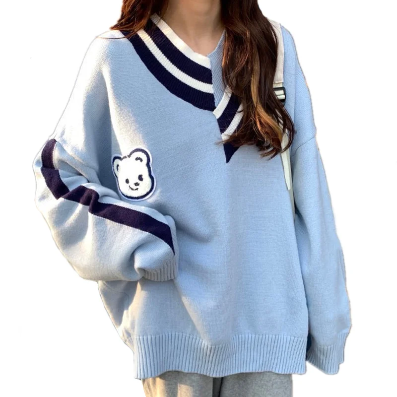 

Женский Асимметричный пуловер с вышивкой в виде медведя, универсальный трикотажный свитер в стиле преппи с V-образным вырезом в стиле Харад...