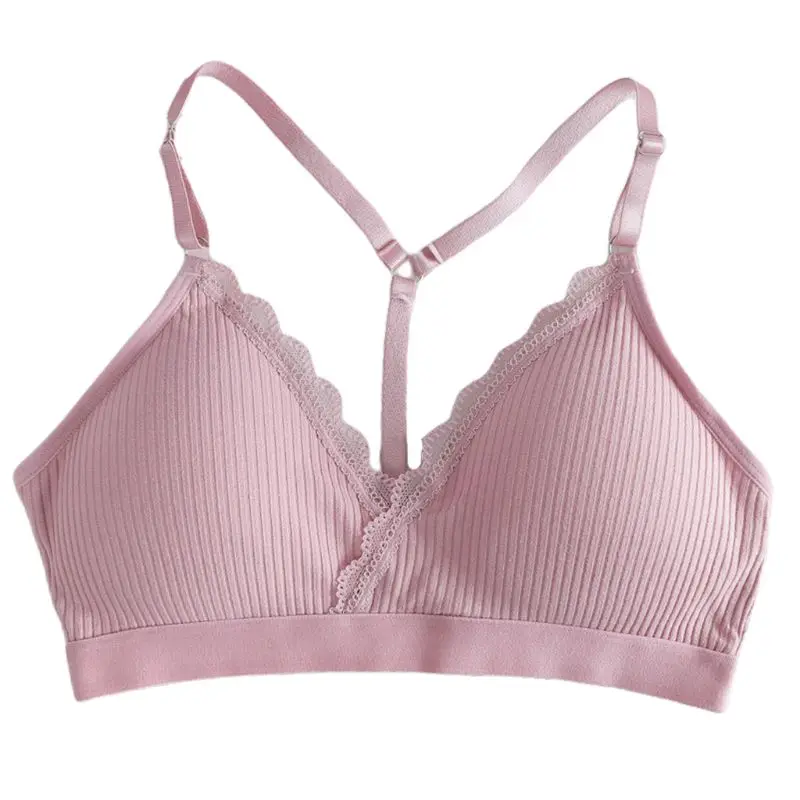 Women Wireless Sports Bra Padded Y-Back Lace Bralette V-Neck Ribbed Underwear X3UE