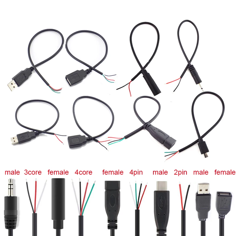 5 Types Wire Micro USB 2.0 Type-C AUX Mono Connector Power Supply Extension Cable Charger Male to Female 2-pin 4-pin Data Line |