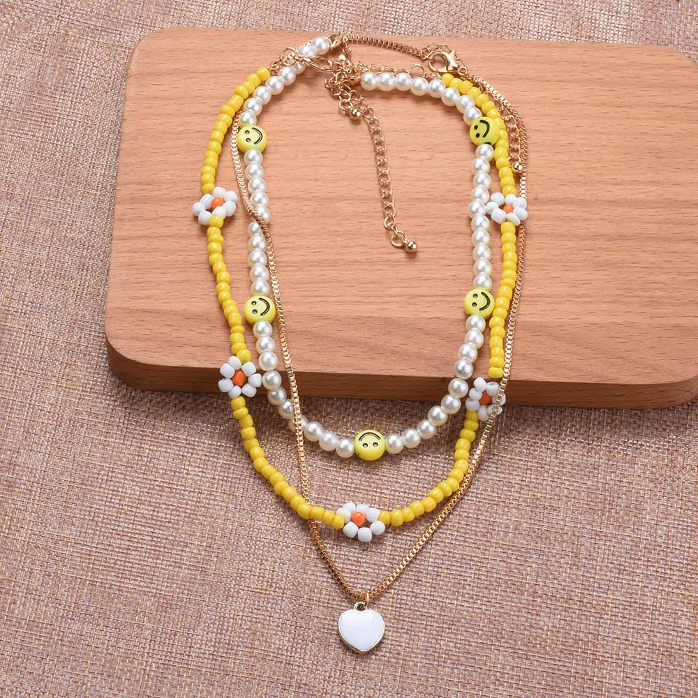 

Женское многослойное ожерелье в богемном стиле, летнее массивное ожерелье с подвеской в виде цветка маргаритки, сердца и лица, 2021