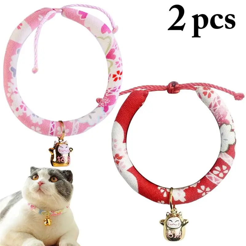 

2 Pcs/Set Fashion Printed Flower Cats Collars Adjustable Cat Collar With Small Bell Pet Kitten Anti-Lost Collars Cat Accessories