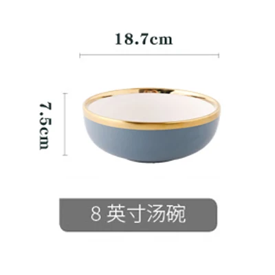 Скандинавский синий CeramicsGolden Rim посуда и тарелки наборы посуды тарелка лапша суповая чаша Западная еда стейк обеденная посуда тарелки - Цвет: 18.7x7.5cm