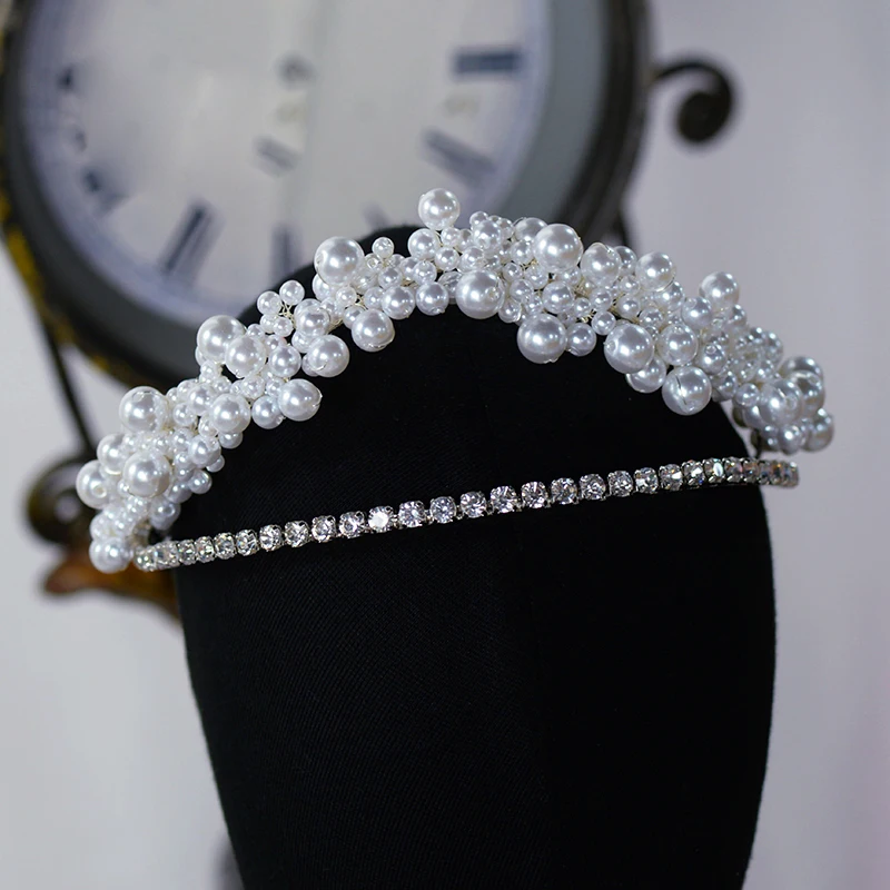 

European Pearls Bridal Tiaras with Earring Bride Headband Diadem Queen Headpieces Wedding Hair Accessories