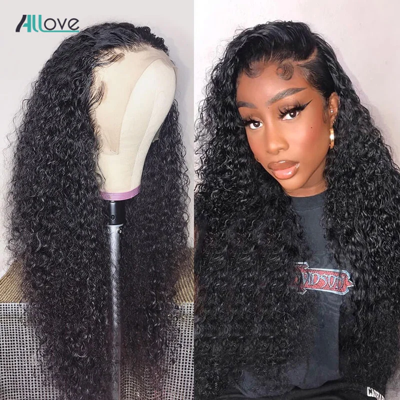 Allove 250 Density Curly Human Hair Wig Transparent Lace Frontal Human Hair Wigs For Women Brazilian Remy Deep Curly Hair Wig