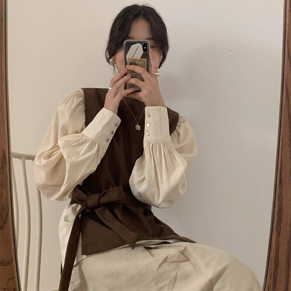 Autumn Winter 2 Two Piece Suit Elegant Outfits Long Sleeve O-neck Loose Blouses Femme and Tank Solid Tops Mujer Korean | Женская одежда