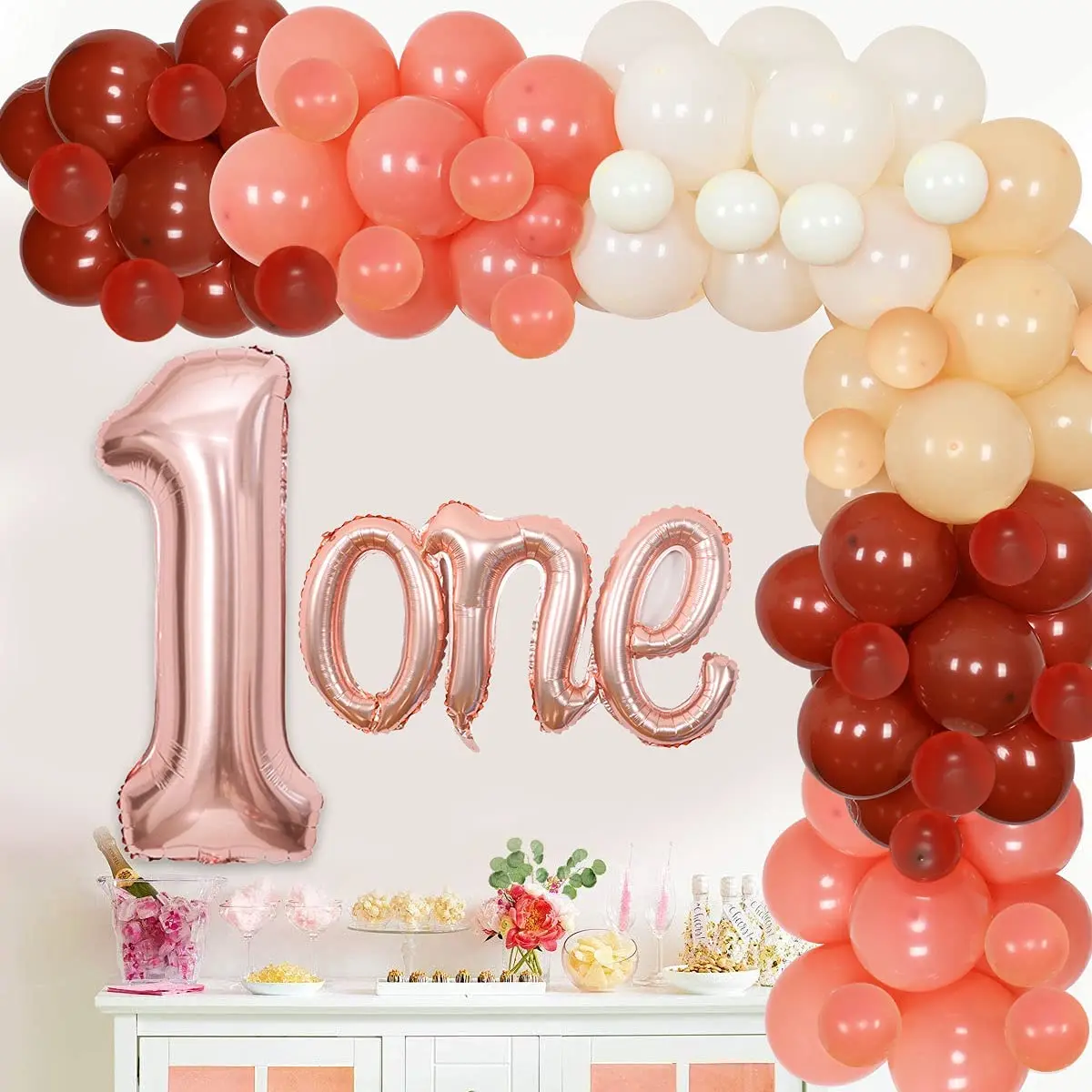 

Boho Rainbow 1st Birthday Party Decorations for Girl Rose Gold Balloon Garland Kit for First Birthday Supplies Number 1 Balloon