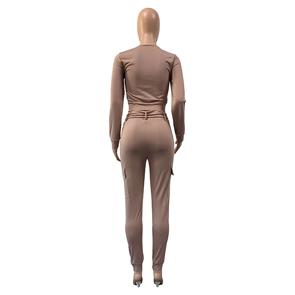 

Activewear Sport Workout Matching Women Two Piece Sets O Neck Long Sleeve Slim Crop Top and Sashes Side Pockets Pencil Leggings