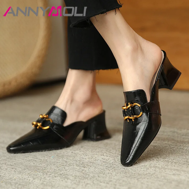 

ANNYMOLI Cow Leather High Heel Mules Shoes Metal Decoration Pointed Toe Pumps Women Thick Heels Dress Footwear Lady Spring 2021