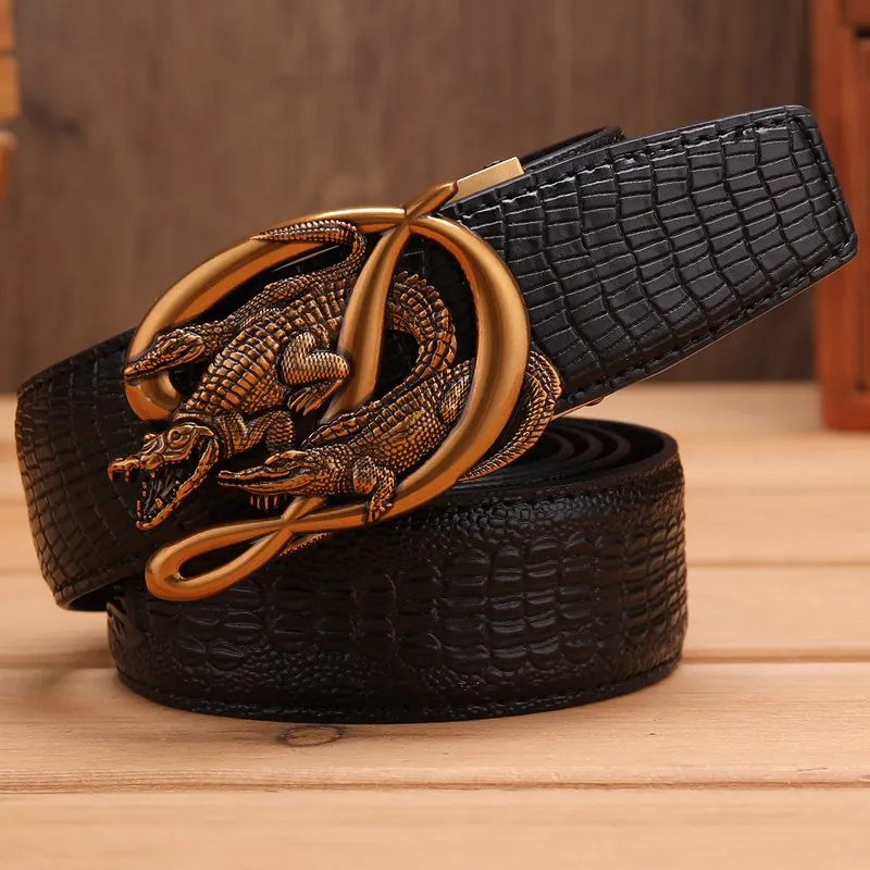 gold black Крокодиловый Аллигатор ремень для мужчин роскошный ремень Автоматическая Пряжка Воловья кожа натуральная кожа дизайнерская высококачественная повседневная мода - Цвет: gold black