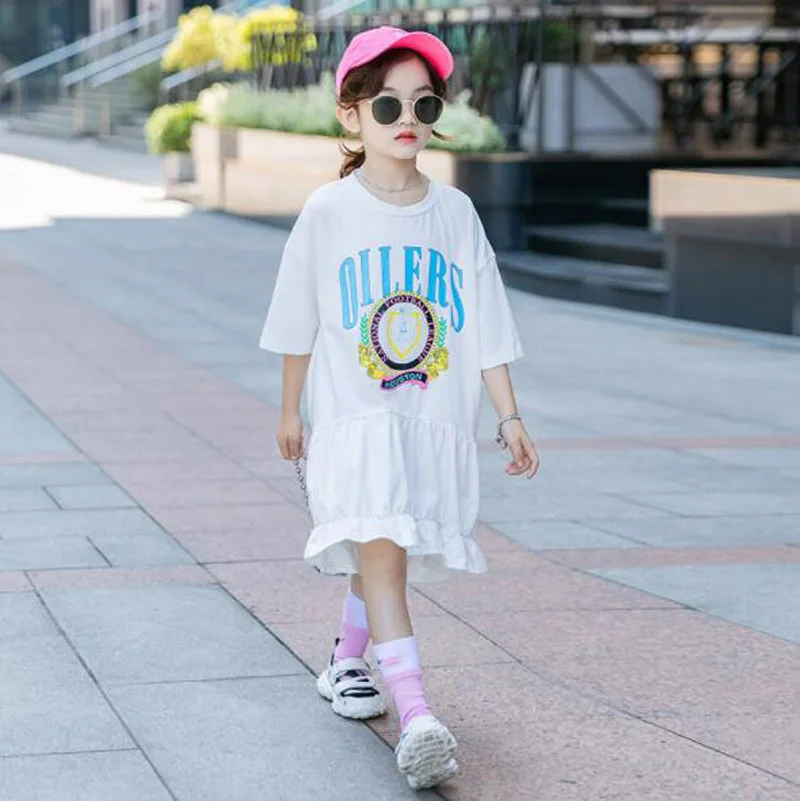 

Cultiseed Girls Summer Letter Print Patchwork Ruffles Short Sleeve T-Shirt Dress Clothes Children Kids Loose Casual Long Gowns