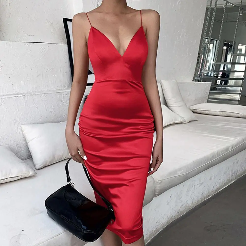 

Summer fashion new style ladies deep V-neck thin shoulder straps solid color sling satin tight dress mid-length dress