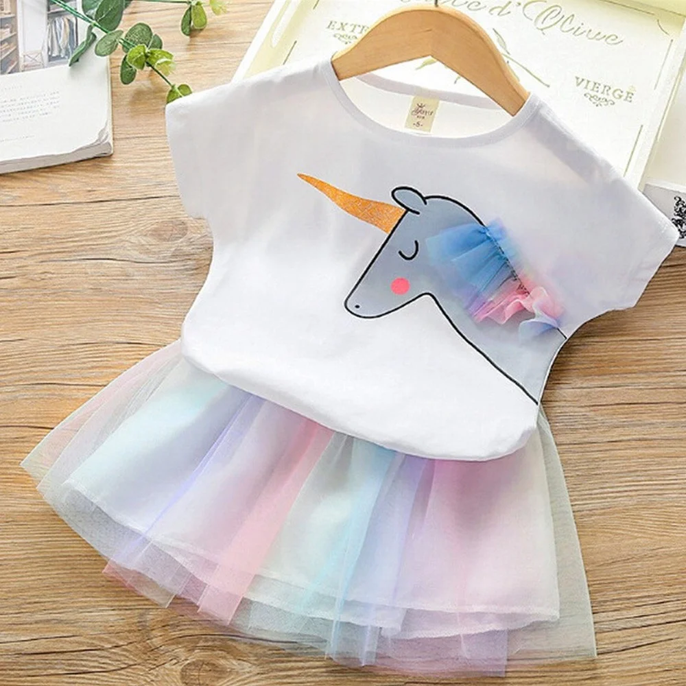 

Printed Screen Suit Girls Cute Unicorn White Top Lace Colorful Shawl Skirt Mini Children Party Dress Fashion Sets Summer Rainbow