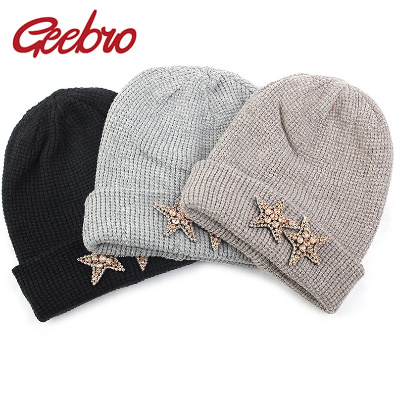Geebro Stars Rhinestone Accessorie Adult Cotton Beanie Hat Woman Outdoor Warm Solid Color Cap Beanies