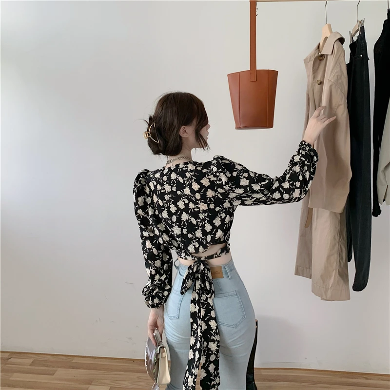 

Vintage Print Slim Fit Blouse Women V Neck Slim Waist Long Sleeve Blusas Spring 2021 New All Match Shirt