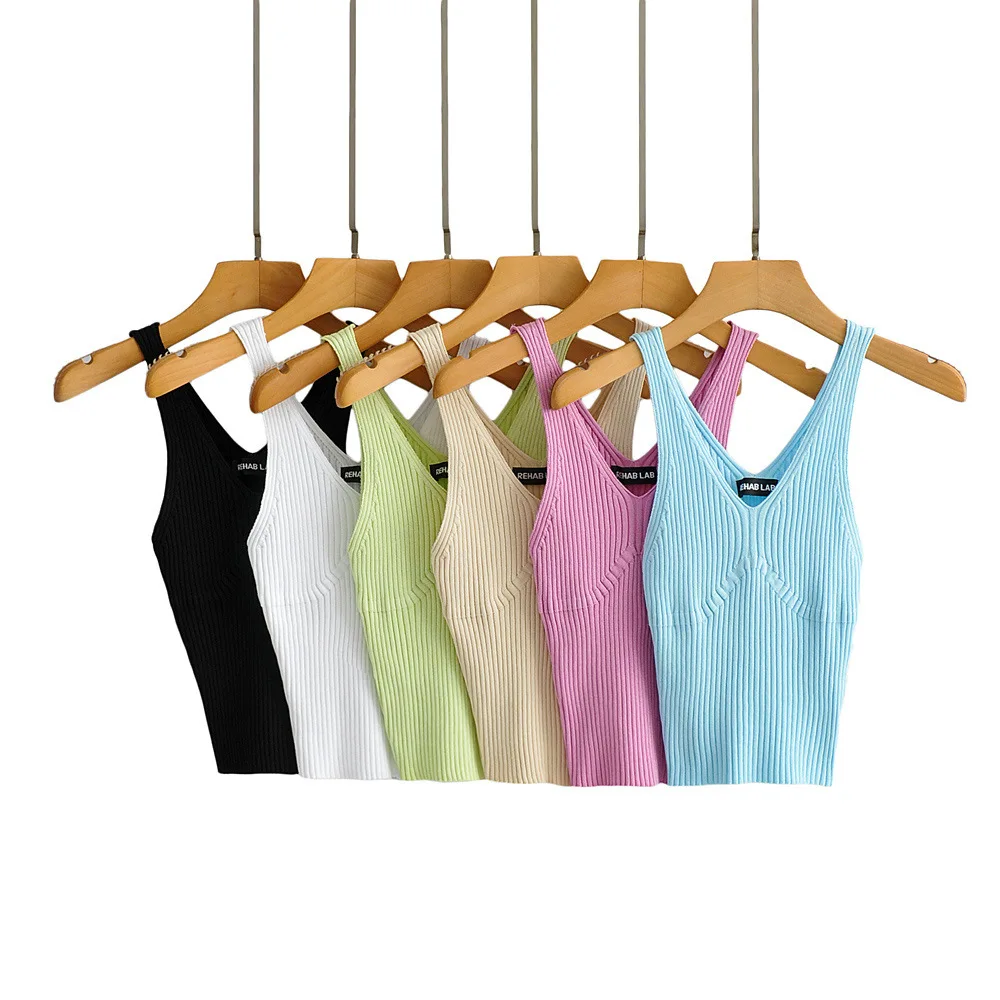 

Женский трикотажный жилет с завышенной талией, однотонный Повседневный короткий топ с лямкой на шее, лето 2021