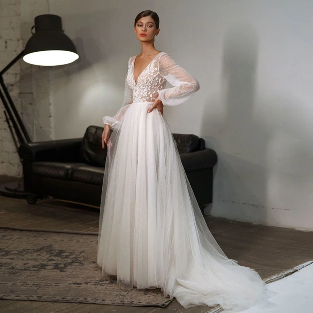 

Eleghnt V-Neck Wedding Dresses Tulle A-Line Puff Sleeves Appliques Draped Sashes Bridal Gowns 2021 Vestidos De Noivas