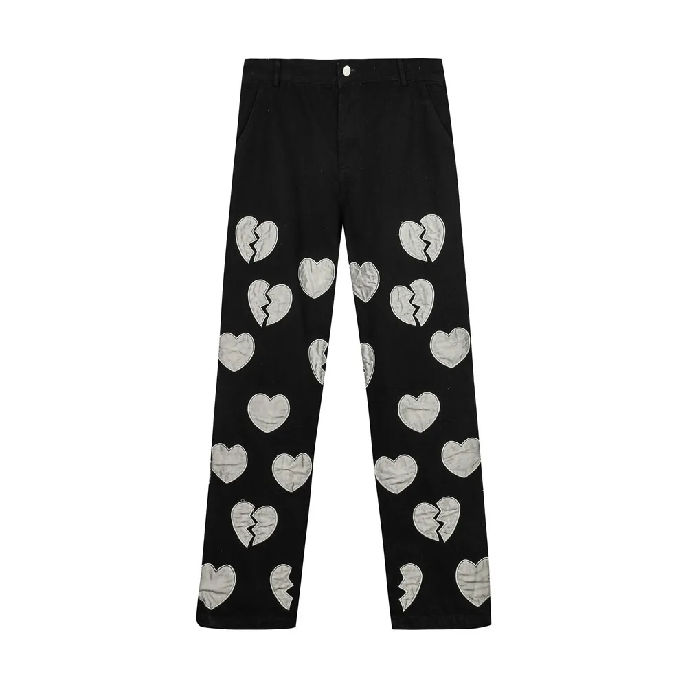 Pantalones vaqueros negros de algodón para hombre, ropa de calle oscura con parche bordado de corazón, Jeans rectos de Hip Hop, elegantes, 2021