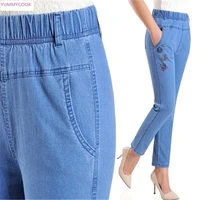 middle aged and old stretch high waist nine points jeans female summer large size thin section straight mother casual pants a101