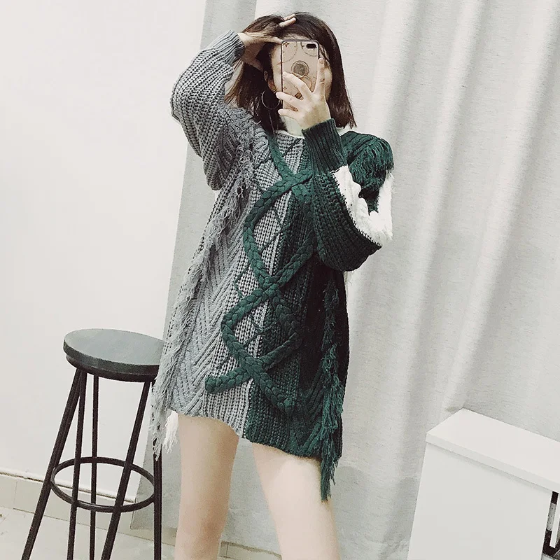 LANMREM 2020 Новая мода хит цвет лоскутное кисточкой свитер женский длинный рукав