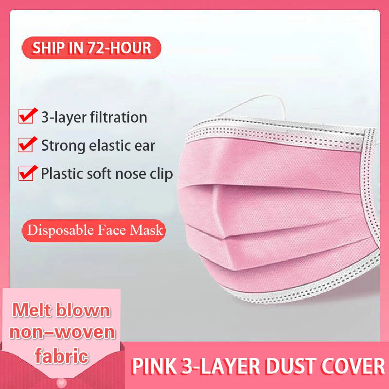 

Pink Disposable Non-woven 3-layer Face Mask Breathable Mask With Elastic Earloops Breathable Adult Mouth Mask
