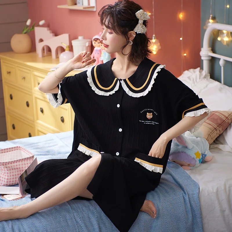 

Летняя Хлопковая женская рубашка для сна, милая мультяшная Мода, корейский черный кардиган, милая одежда для сна для девочек, повседневная ж...