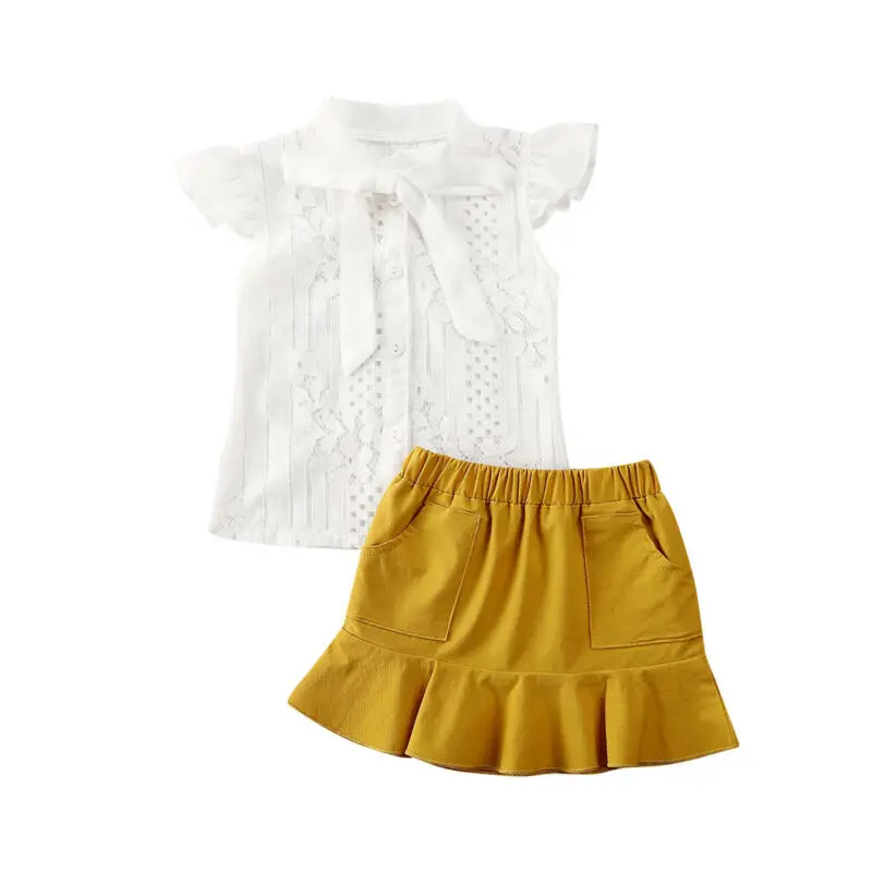 

2020 Kids Baby Girl Clothes Sets Ruffles Sleeve Pageant Lace T-shirt Top Ruffles Skirt Party Outfits Clothes 2PCS