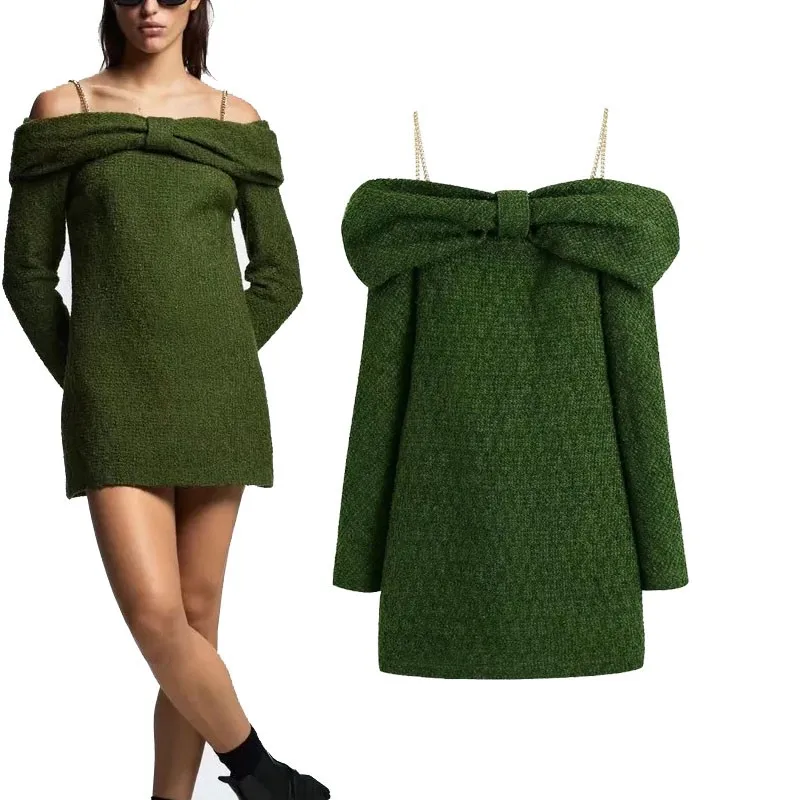 

Za 2021 Green Structured Dress with Chain Women Sleeveless Thin Straps Short Party Dress Chic Female Fashion Bow Autumn Dress