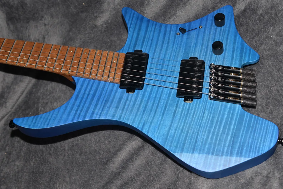 Fanned Fret Гитара s безголовая гитара Стиль модель синий цвет жареное Пламя клен шея гитара