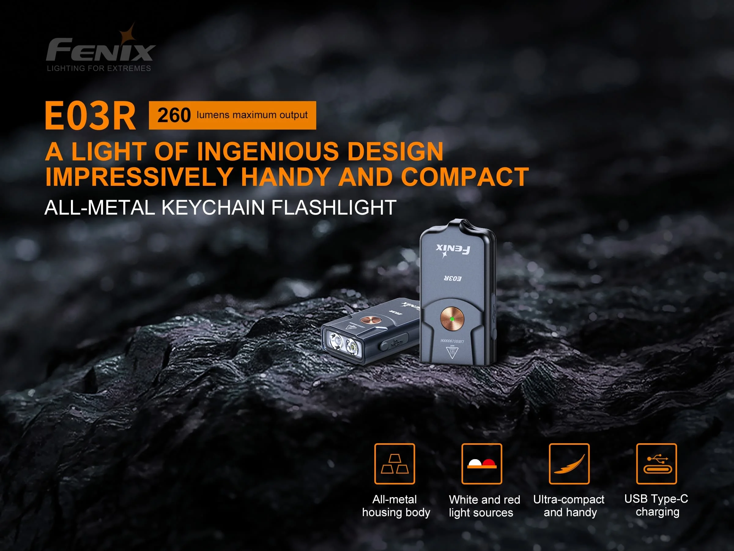 Фонарик Fenix E03R с брелоком зарядный порт Type-c Повседневный портативный для дома |