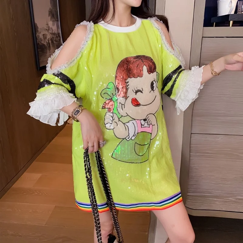 

QING MO Green Women Cartoon T Shirt 2021 Women Colorful Striped T Shirt Female Summer Off Shoulder T Shirt ZQY7449