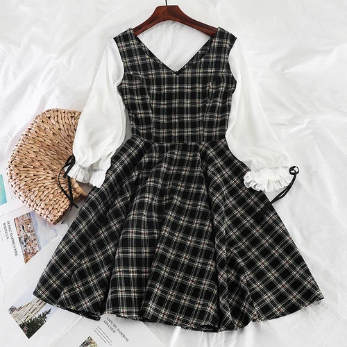 black plaid Woherb/японское клетчатое платье в стиле Харадзюку для женщин; сезон осень; с длинными рукавами для девочек; стильное платье для учащихся; милое платье Kawaii; Vestidos Elegante - Цвет: black plaid
