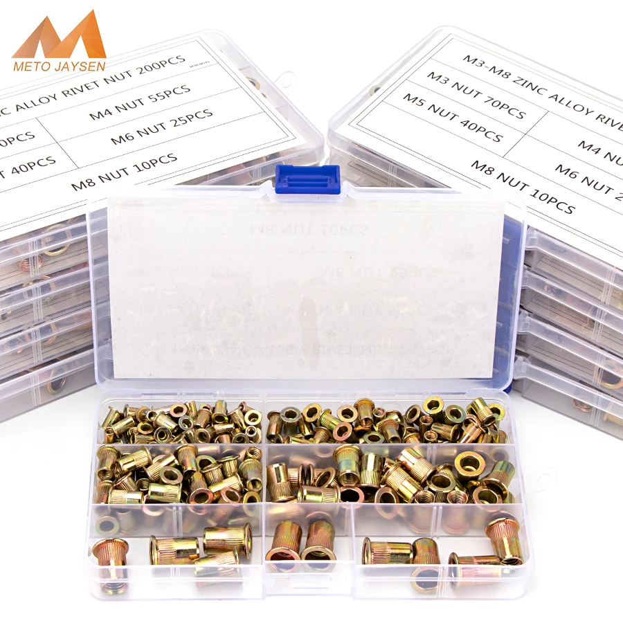 110-200pcs Zinc-Alloy Rivet-Nuts M3 M4 M5 M6 M8 M10 Zinc Rivet Nuts Flat Head Knurled Screw Multi Sizes Assortment Kit S41