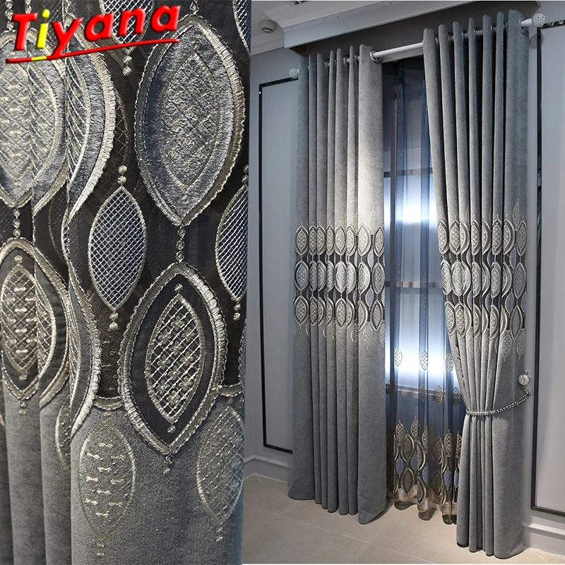 

Grey Hollow Geometric Curtains for Living Room Semi-Blackout Embroidery Leaves Tulle Window Drapes for Bedroom Balcony *VT