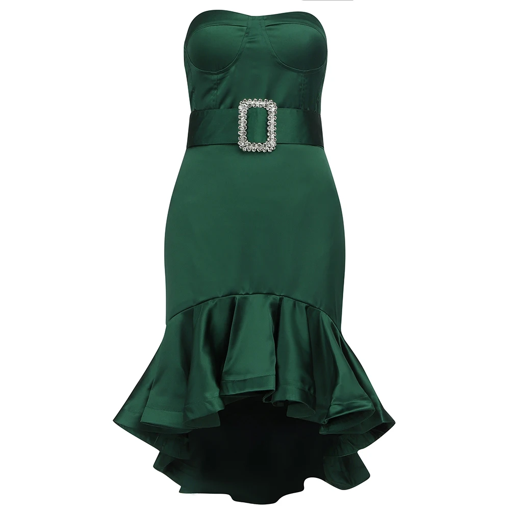 

Women Summer Fashion Sexy Strapless Backless Pleated Midi Green Belt Lady Dress 2021 Elegant Evening Party Dress Vestidos