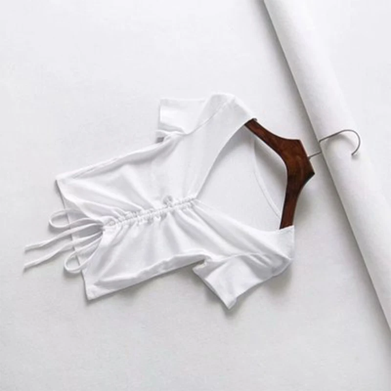 

Tie In Front Crop Top Summer Deep V Neck T Shirt Short Sleeve Bandage Shirt Tees Streetwear Casual Fashion Knitted Female TShirt