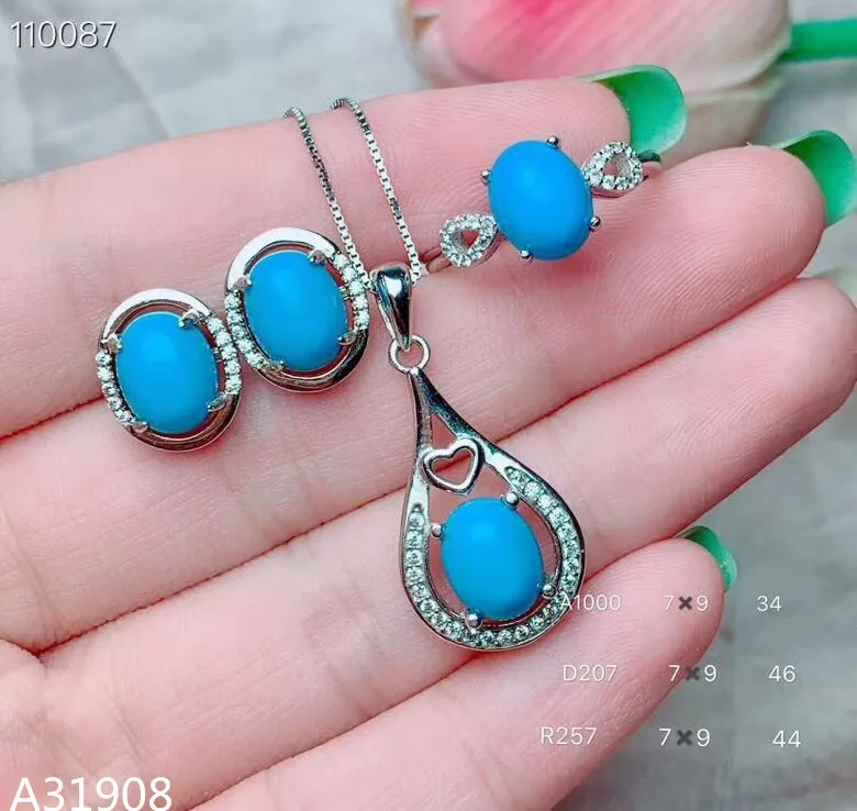 KJJEAXCMY Fine Jewelry 925 Sterling Silver Inlaid Natural Turquoise Female Necklace Chain Pendant Ring Ear Set Support Detection