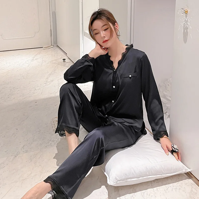 2021 New Ice Silk Pajamas Sets Women's Cardigan Long Sleeve 2Pcs Suit Nightwear Palace Style Thin Lace Home Wear Sleep Tops