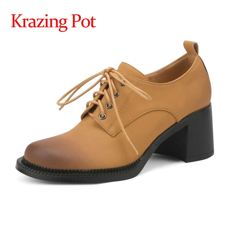 

Krazing Pot genuine leather round toe England style retro fashion three colors young lady streetwear cross-tied women pumps L48