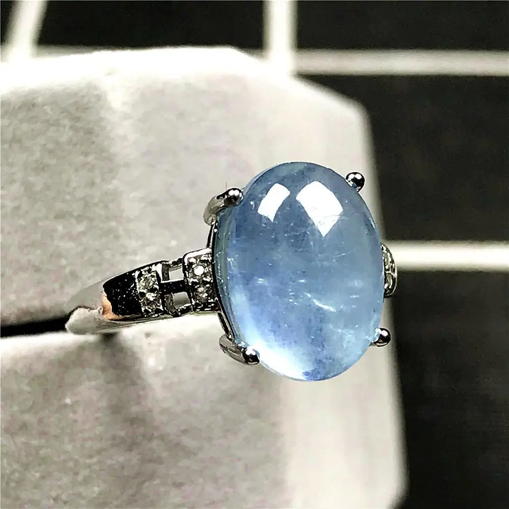 

Top Natural Ocean Blue Aquamarine Beads Ring Jewelry For Woman Man 11x8mm Oval Crystal Gemstone Silver Adjustable Ring AAAAA