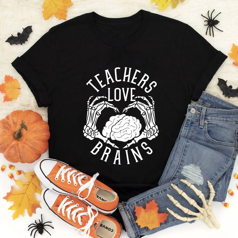 

Teachers Love Brains T-shirt Spooky Teacher Halloween Goth Tshirt Funny Women Hipster Graphic Tee Shirt Top