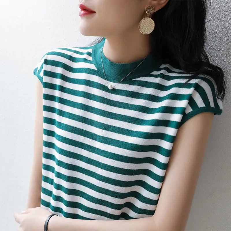 

Black and white striped short sleeve T-shirt women's cotton summer new semi-high collar knitted cotton linen jacket short loose
