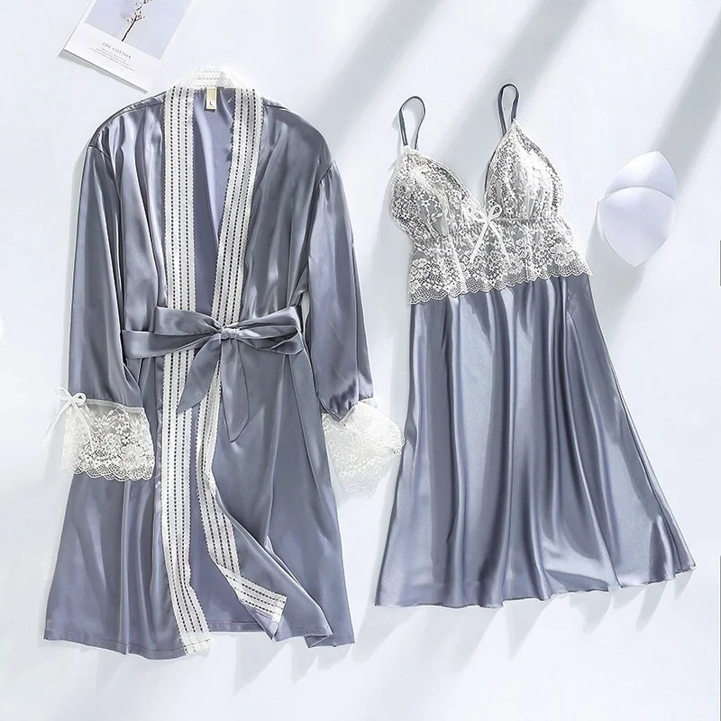 

2PCS Lace Robe Set Women Kimono Summer Dressing Gown Suspender Nightgown&Bathrobe Sleep Suit With Breast Pads Home Sleepwear