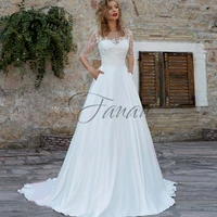 simple scoop neck half sleeve backless wedding dresses a line lace appliques satin prom party gown whit pockets vestido de noiva
