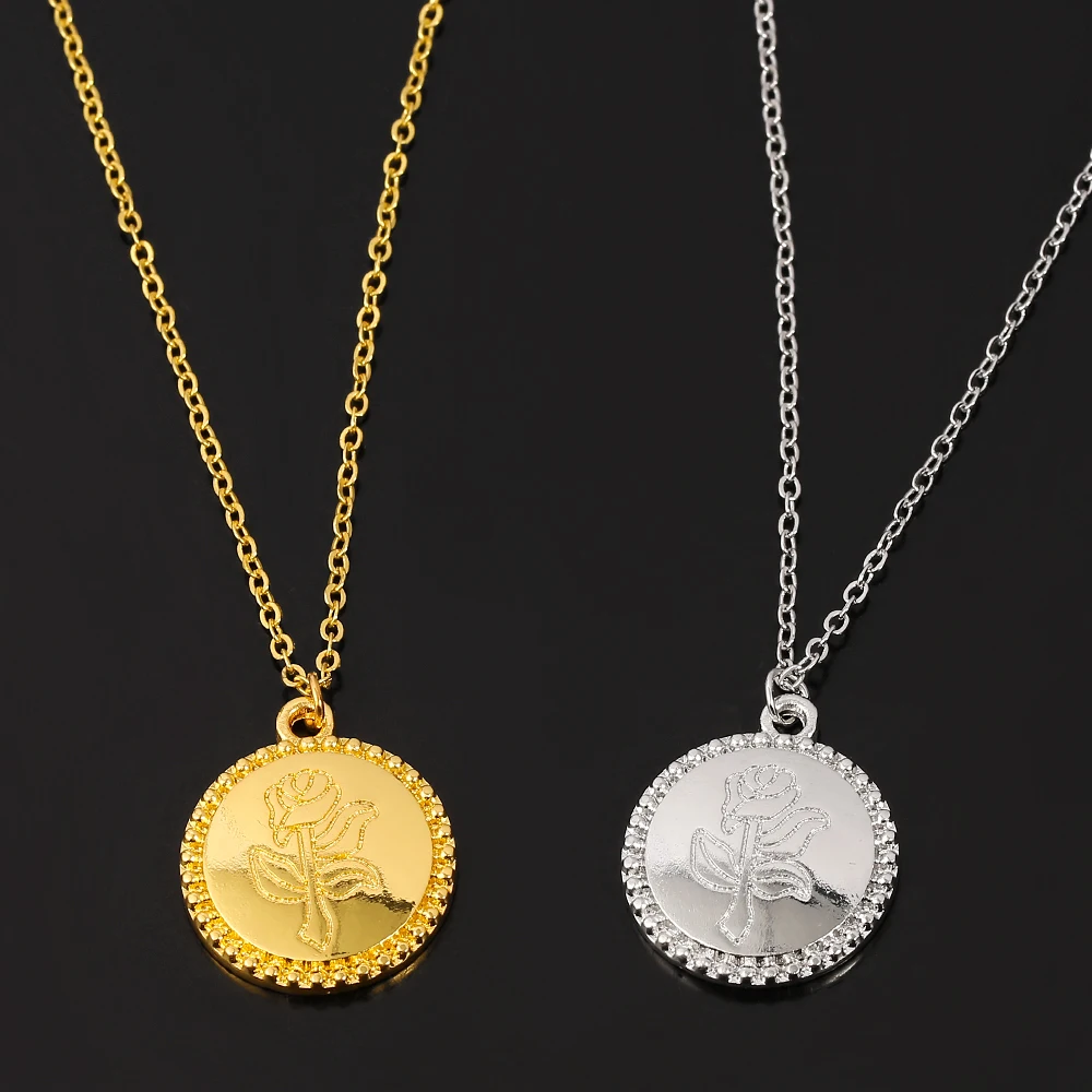 Женское Ожерелье в виде монет с розовым цветком модное золотистое серебряное